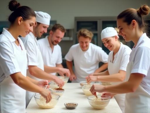 エプロンをつけた参加者が楽しそうに生地を混ぜている様子