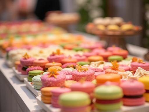 テーブルに並べられた色とりどりのミニケーキやマカロン