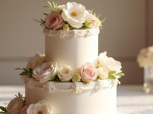 花で飾られた豪華な三段ウェディングケーキ